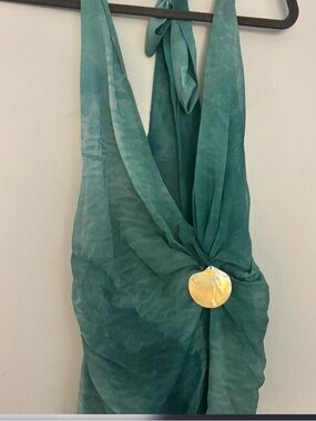 Teal Halter Dress with Gold Accent from Peppermayo